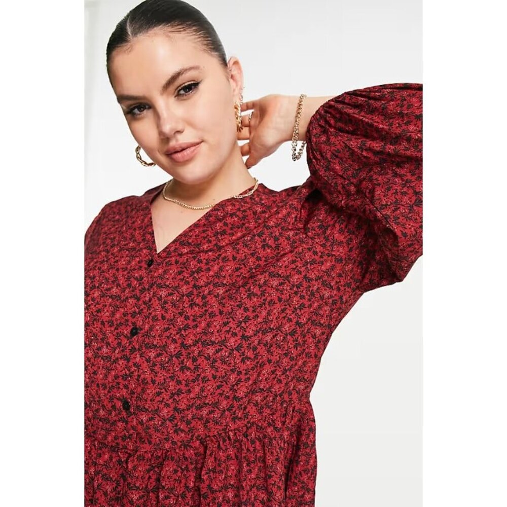ASOS Urban Threads, Ditsy Floral V-Neck Long-Sleeve Swing Dress, Burgundy (18W) - Picture 2 of 16